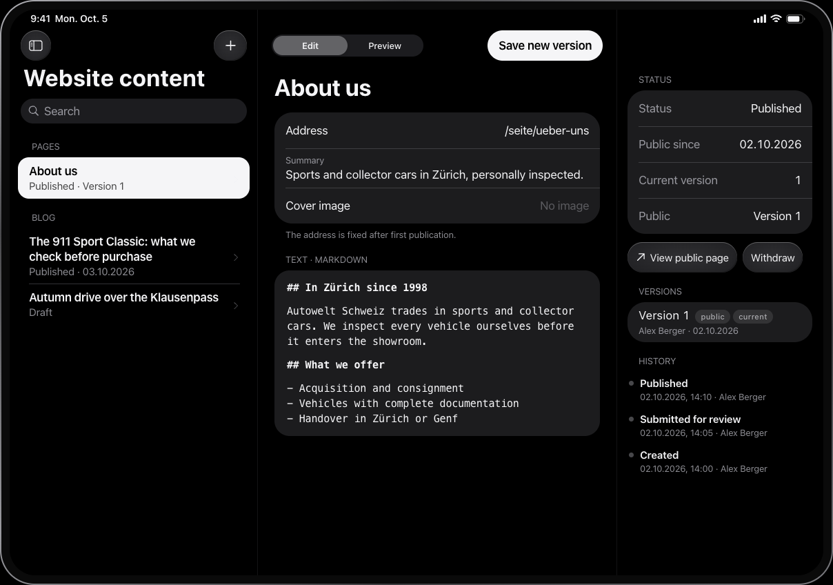 Website content, iPadOS, dark